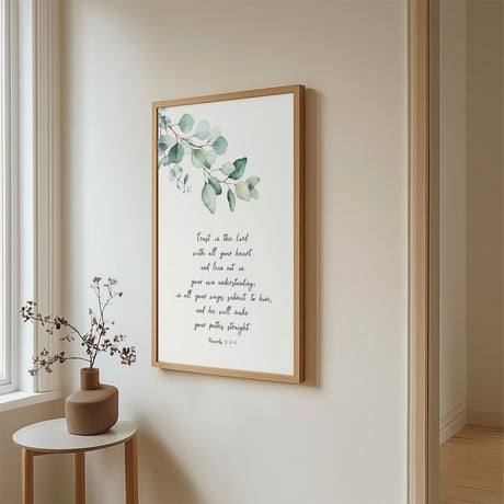 Proverbs 3:5–6 – Christian botanical wall art with green leaf design and scripture about faith, trust and guidance.