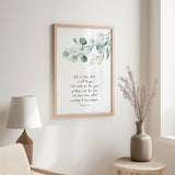 Romans 8:28 – Christian wall art with green leaf botanical design and Bible verse about God working all things for good.