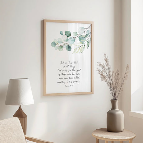 Romans 8:28 – Christian wall art with green leaf botanical design and Bible verse about God working all things for good.