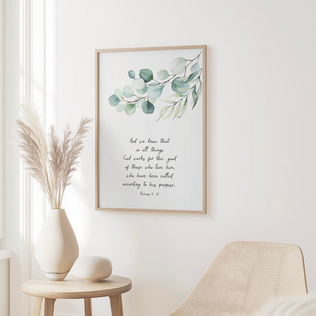 Romans 8:28 – Christian botanical wall art print with leafy design and comforting scripture about God’s plan and providence.