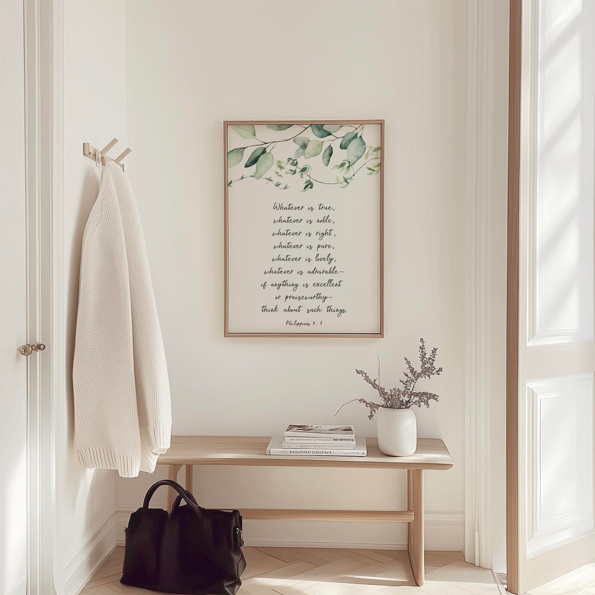 Philippians 4:8 – Bible verse wall art print with botanical greenery, whatever is true scripture Christian home decor.