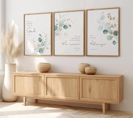 1 Peter 5:7 - Comforting Christian wall art print with soft green botanical leaves, cast all your anxiety scripture decor.