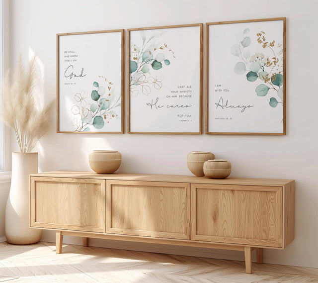 1 Peter 5:7 - Comforting Christian wall art print with soft green botanical leaves, cast all your anxiety scripture decor.