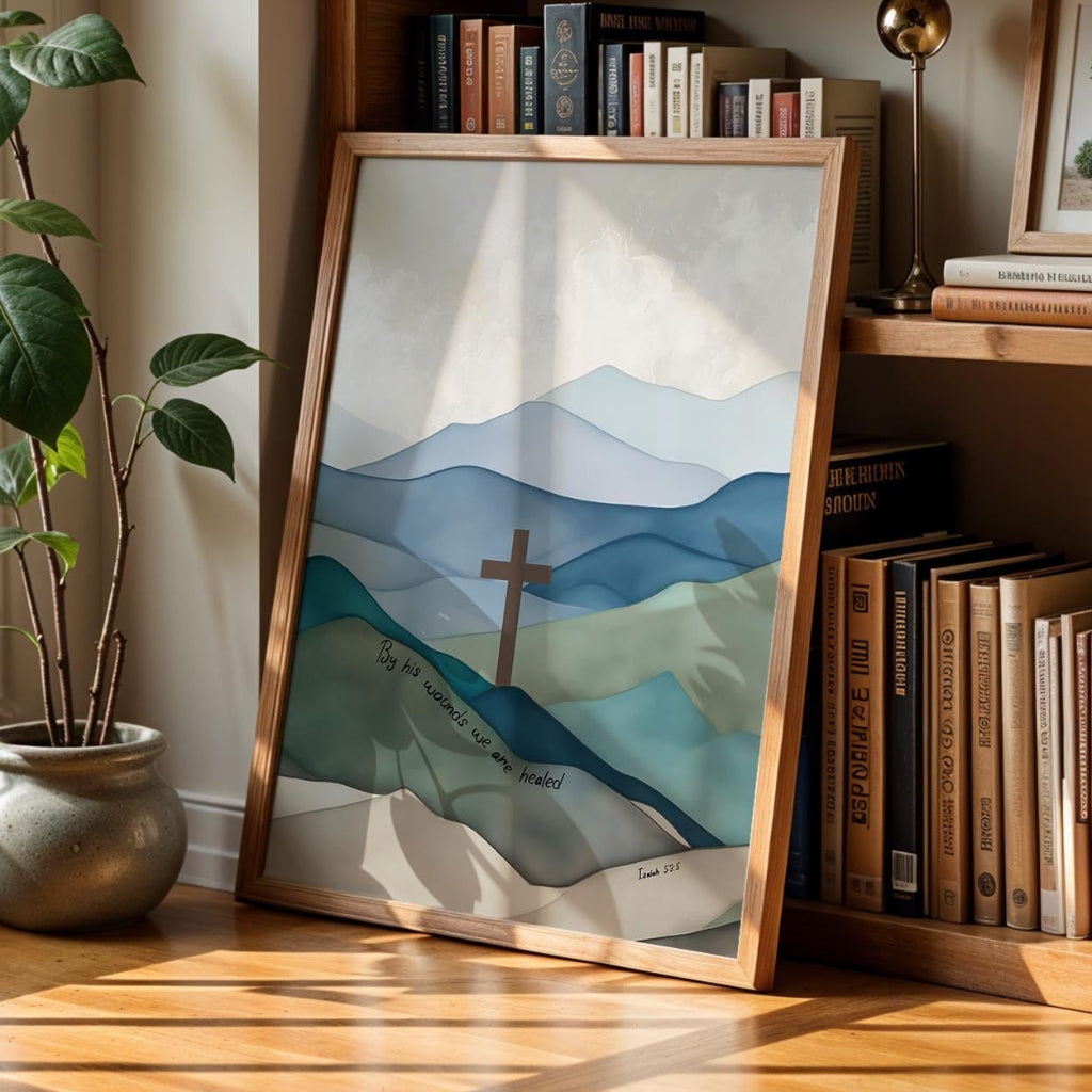 Isaiah 53:5 – Bible verse wall art featuring cross and serene mountain landscape about healing and redemption.