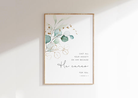 1 Peter 5:7 – Scripture wall art with green botanical illustration and Bible verse about God’s care and reassurance.