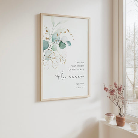 1 Peter 5:7 – Christian botanical wall art print with minimalist leaf design and comforting scripture for anxiety and faith.