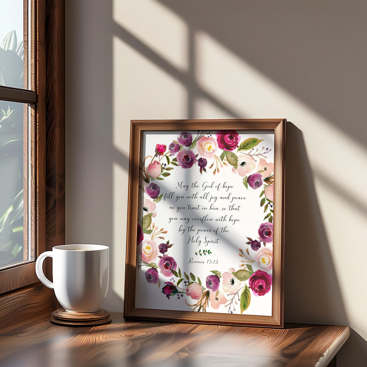 Romans 15:13 - May the God of hope Bible verse wall art featuring elegant burgundy watercolour flowers, Christian home decor.