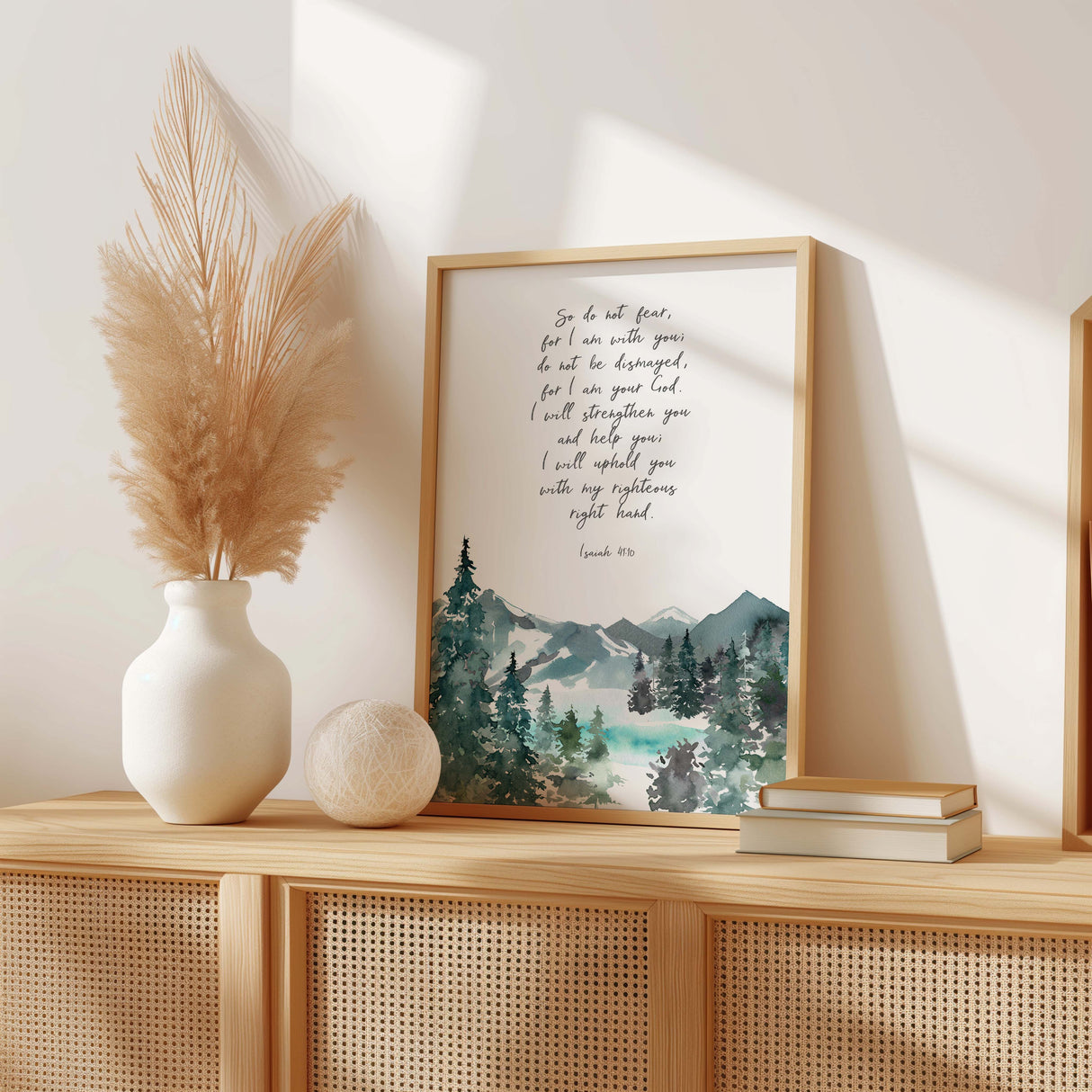 Isaiah 41:10 – Do not fear Bible verse wall art with mountains.