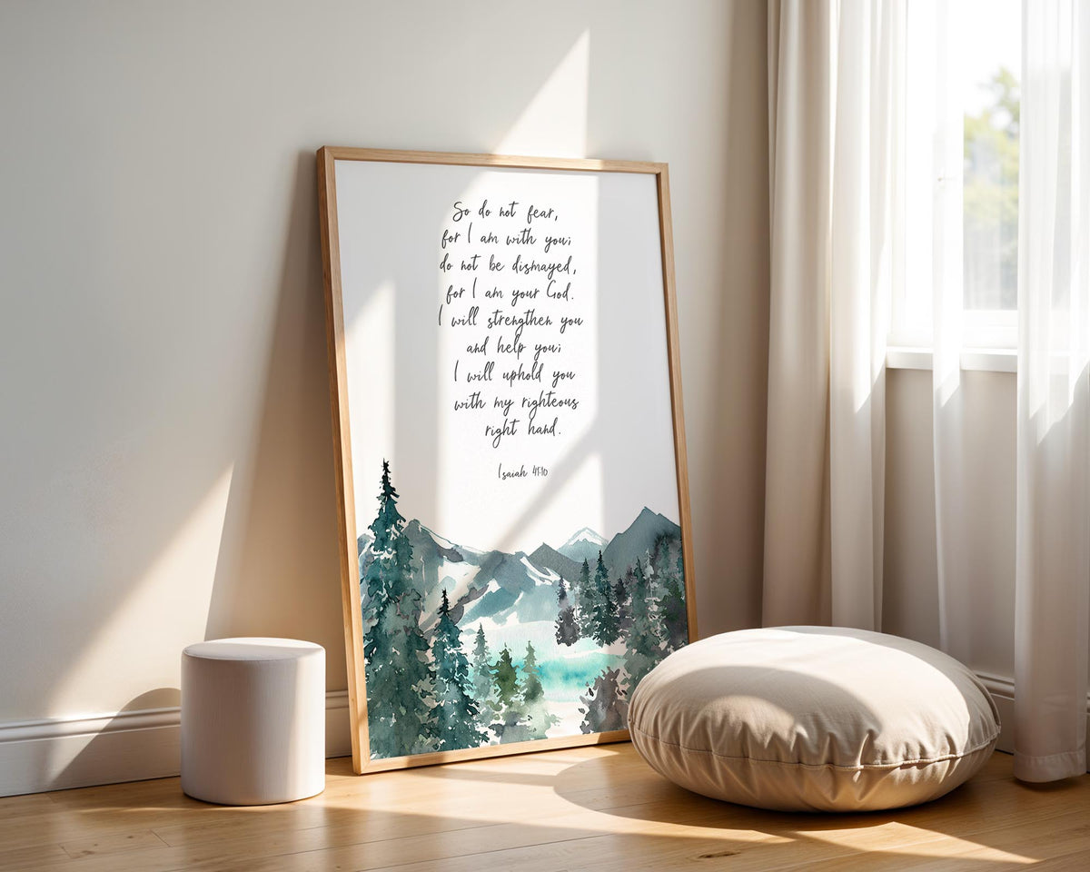 Isaiah 41:10 – Watercolour mountain scripture print for Christian homes.