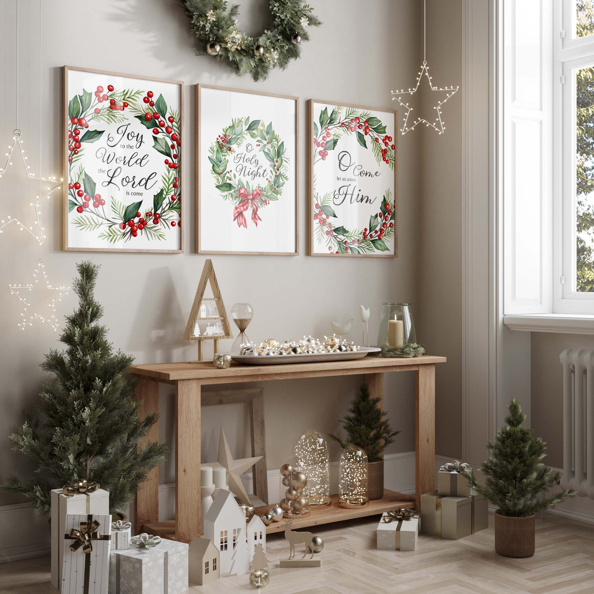 Christmas carol wreath art set, perfect for seasonal home decor. Green and red wreath print set with Christmas carol quotes.