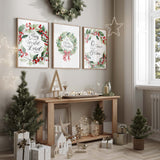 Christmas carol wreath art set, perfect for seasonal home decor. Green and red wreath print set with Christmas carol quotes.
