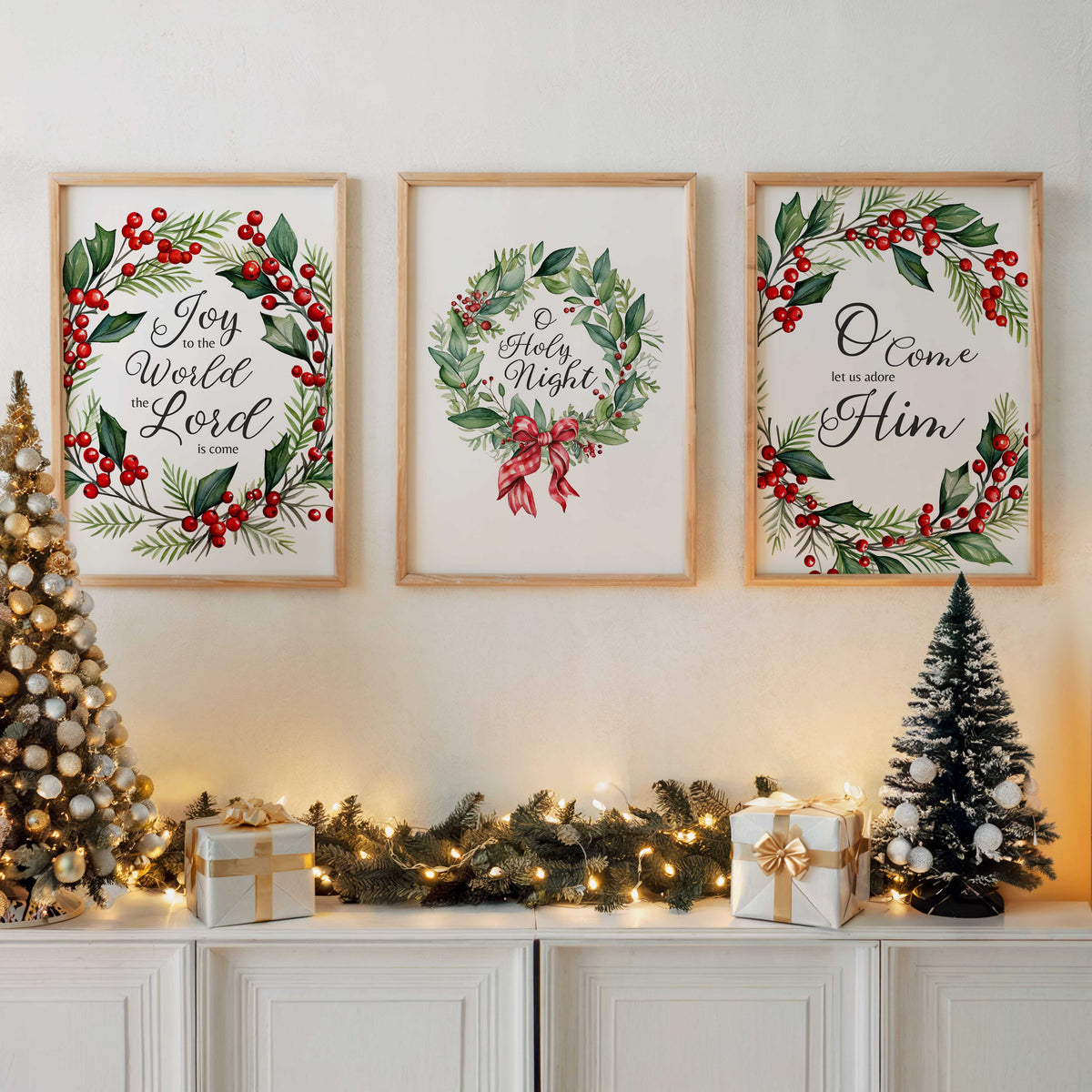 Christmas wreath print set featuring lines from traditional carols. Three Christmas carol prints surrounded by festive wreaths