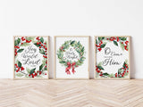 Traditional Christmas carol print set with holly and berry wreaths. Decorative prints featuring carol lyrics encircled by holiday wreaths.