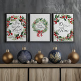 O Holy Night festive wreath art print with holly and berries.