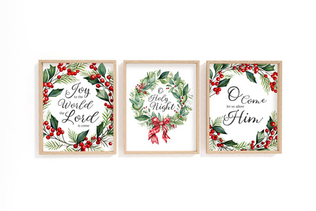 Christmas Carol Wreath Print Set – Christian Christmas wall art set of three with festive wreaths and classic carol lyrics.