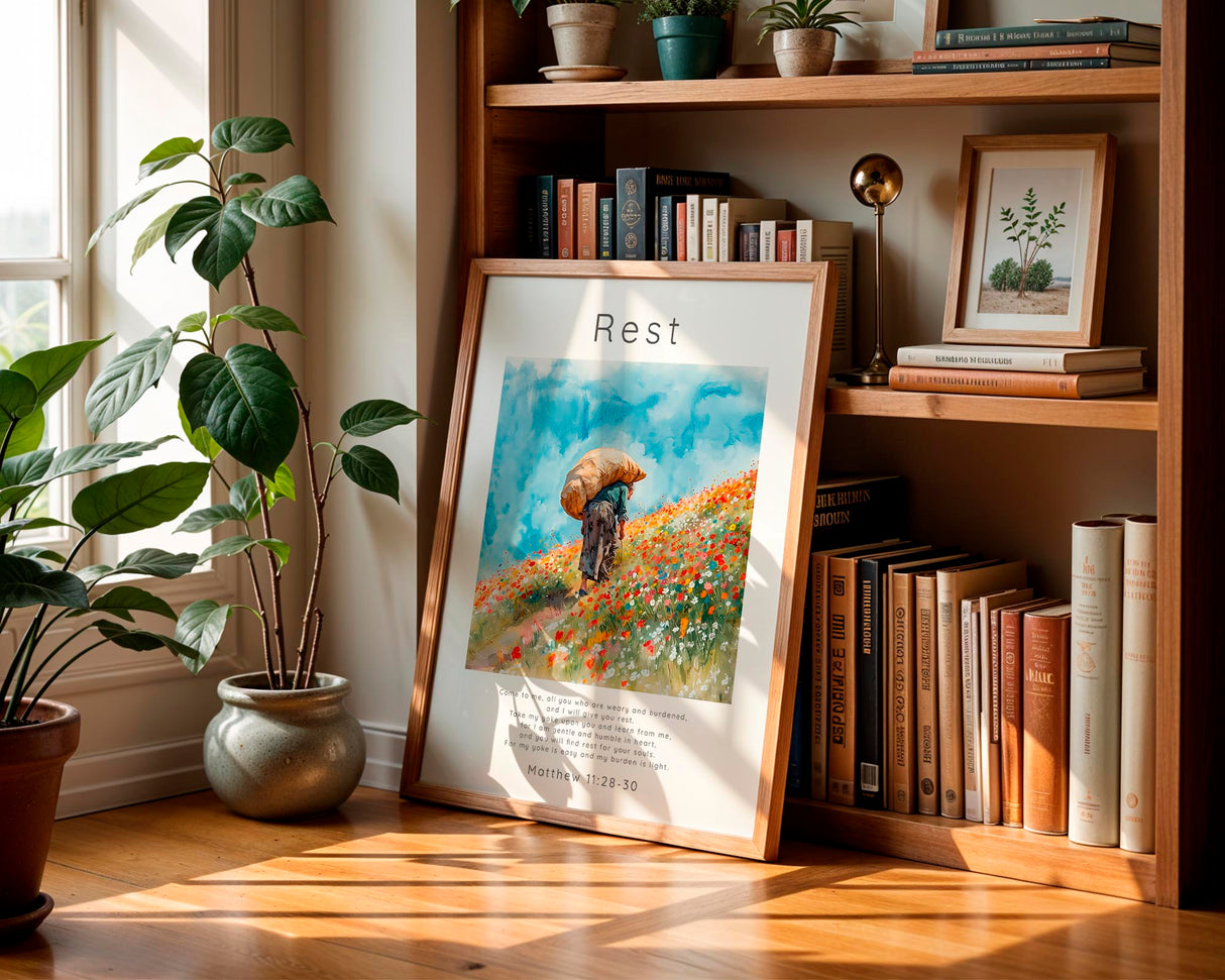 Matthew 11:28-30 - Christian home decor print showing figure with burden surrounded by orange and red wildflowers.