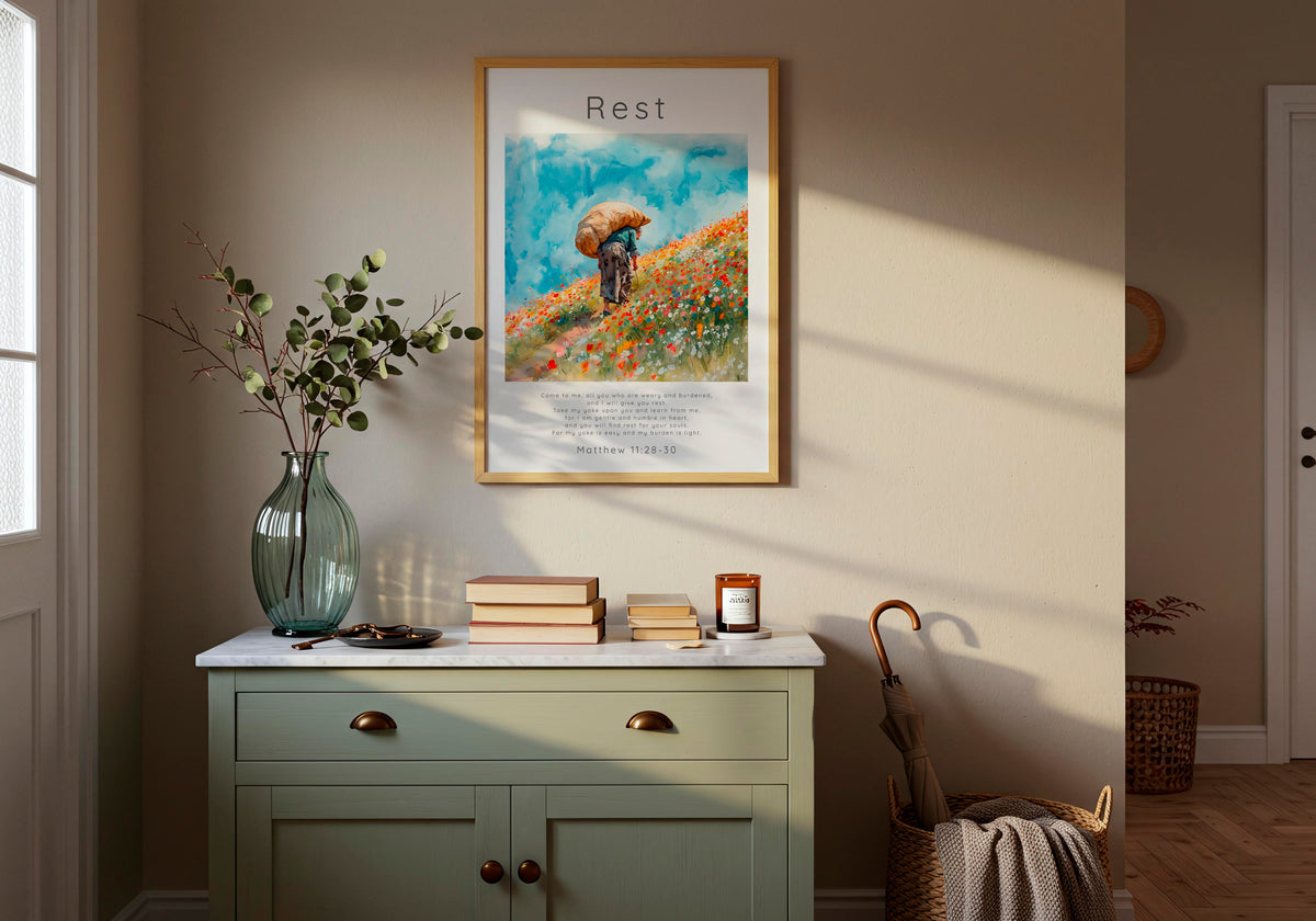 Matthew 11:28-30 - Wildflower Christian print with figure carrying load and Come to me Bible verse text.