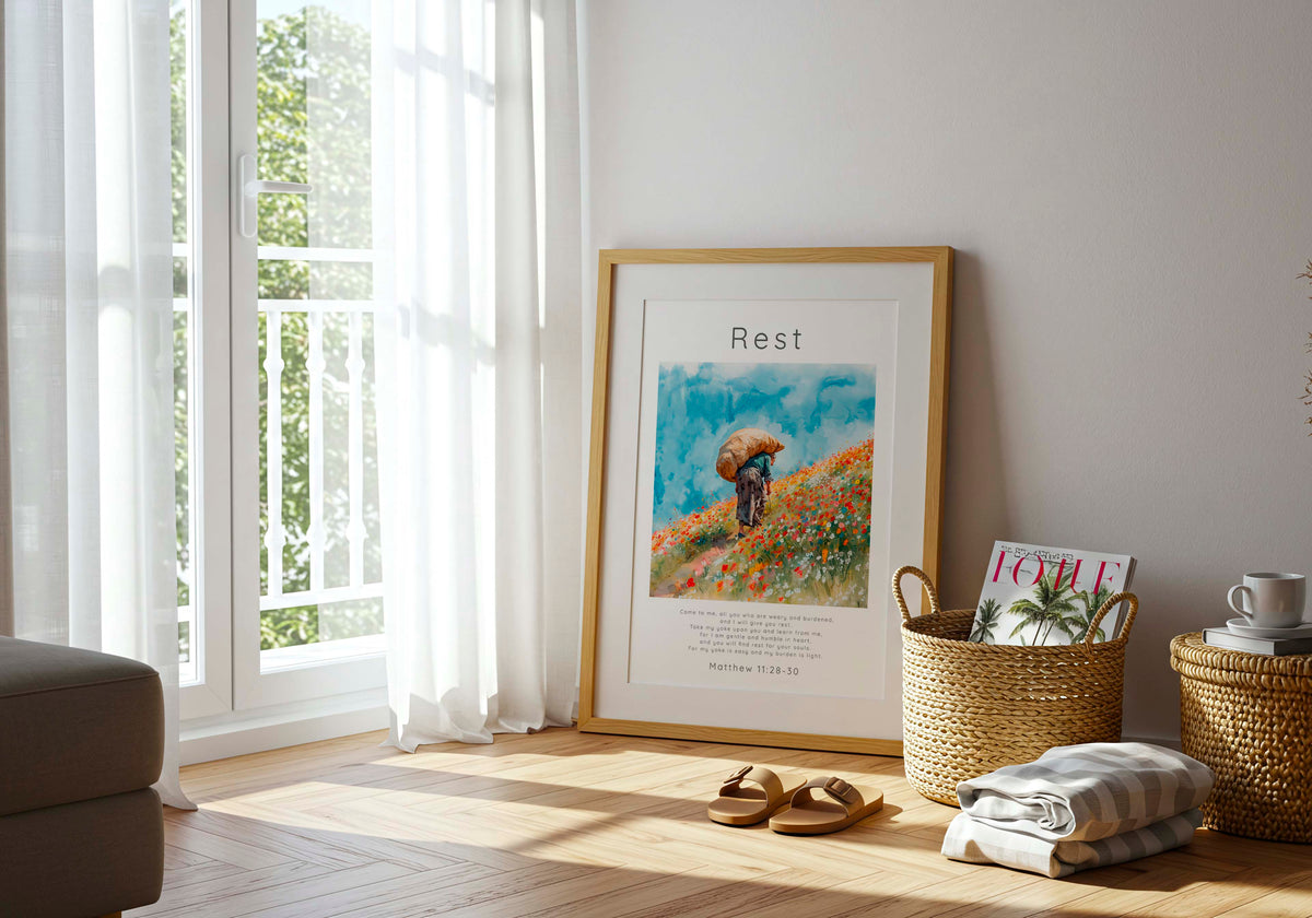 Matthew 11:28-30 - Scripture poster featuring watercolour meadow scene with Matthew 11:28-30 encouraging verse.