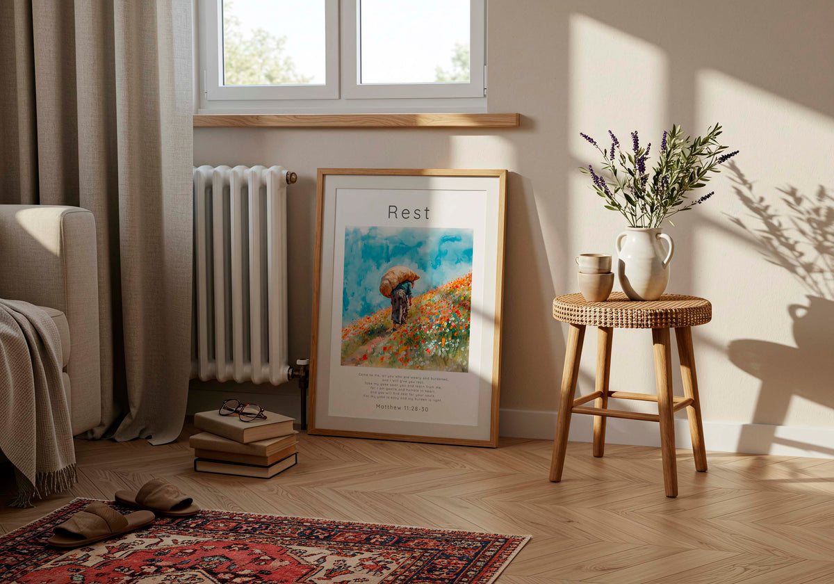 Matthew 11:28-30 - Bible verse wall art showing person among colourful flowers with gentle burden message.