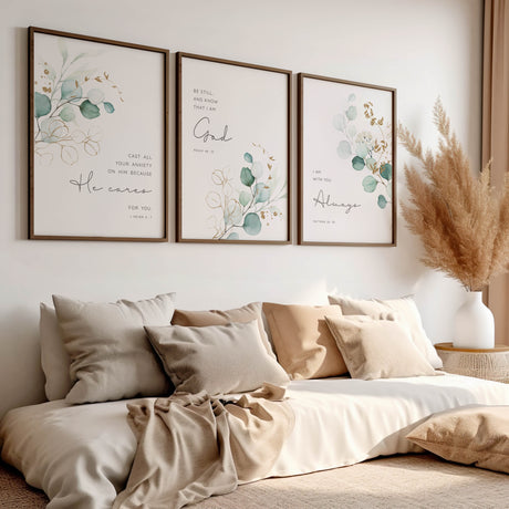 Matthew 28:20 - Comforting Christian wall art with minimalist green botanical design, I am with you always Bible verse decor.