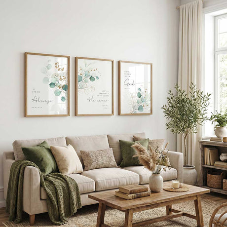 1 Peter 5:7 - Comforting Christian wall art print with soft green botanical leaves, cast all your anxiety scripture decor.