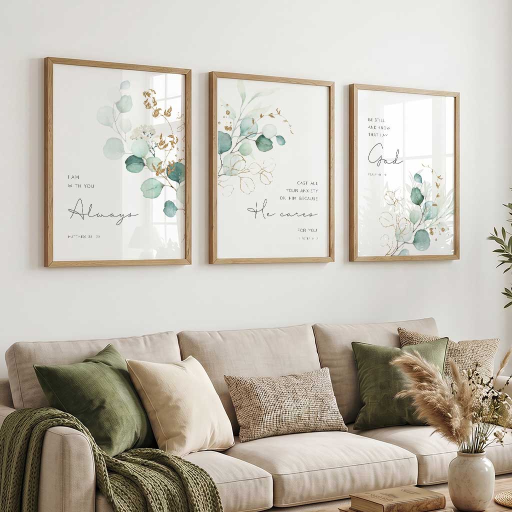 1 Peter 5:7 - Comforting Christian wall art print with soft green botanical leaves, cast all your anxiety scripture decor.