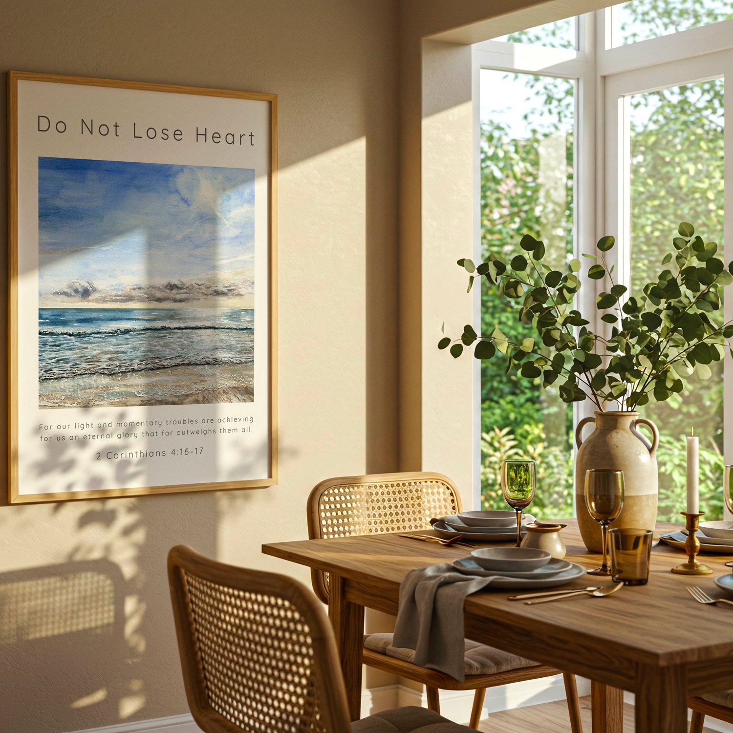 2 Corinthians 4:17 - Do Not Lose Heart print with original watercolour coastal art for Christian home decor.