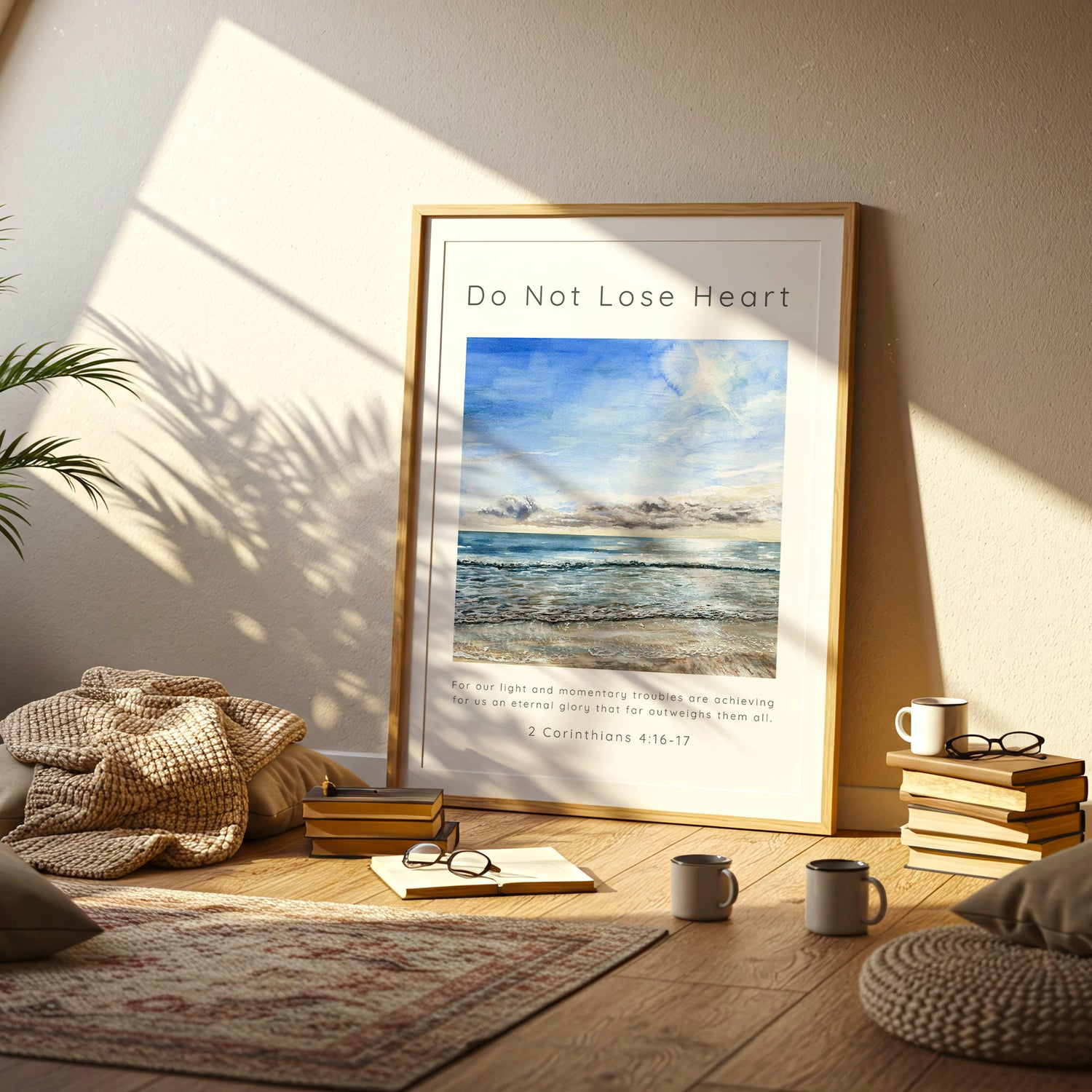 2 Corinthians 4:17 - Scripture wall art with hand-painted beach scene and light momentary troubles verse.