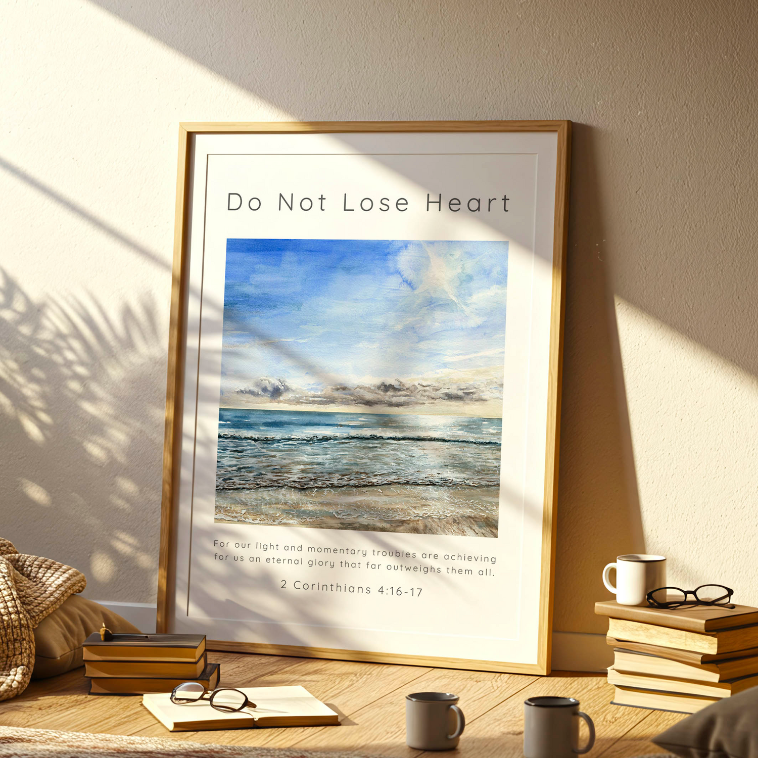 2 Corinthians 4:17 - Scripture wall art with hand-painted beach scene and light momentary troubles verse.