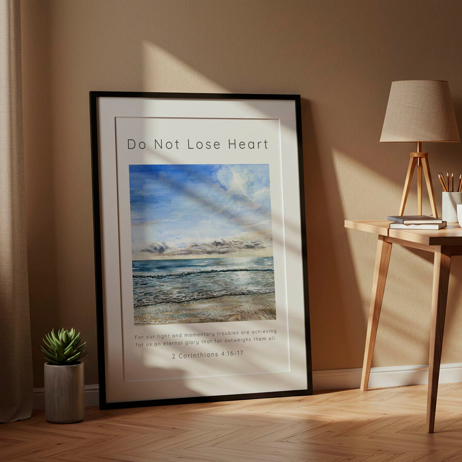 2 Corinthians 4:17 - Faith wall art featuring Sandbanks watercolour and eternal glory outweighs scripture.