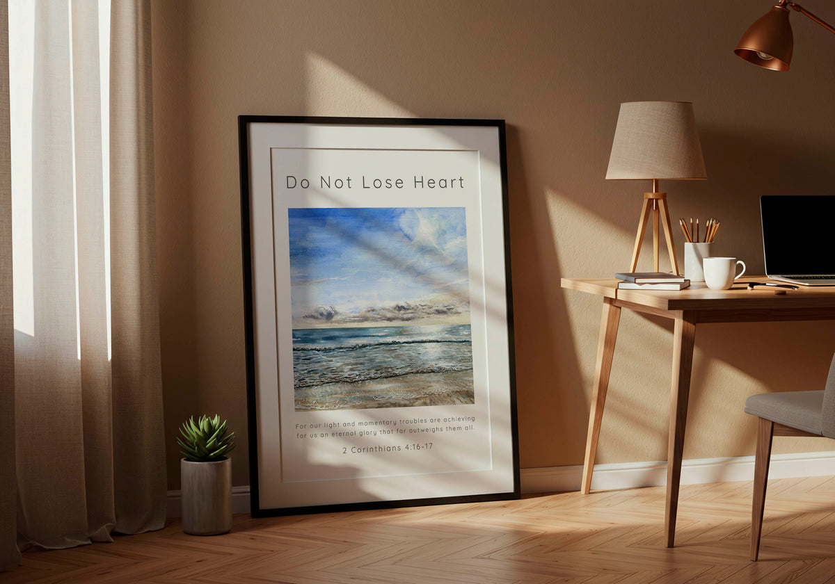 2 Corinthians 4:17 - Faith wall art featuring Sandbanks watercolour and eternal glory outweighs scripture.