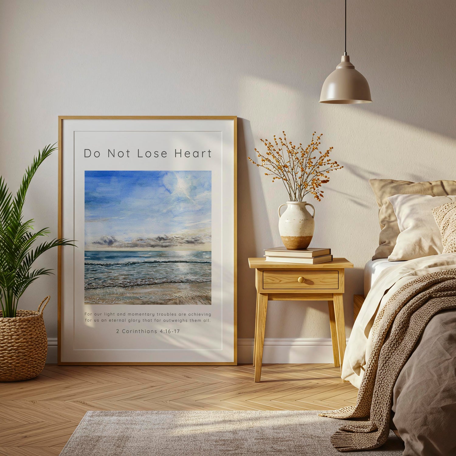 2 Corinthians 4:17 - Christian wall art print with watercolour Sandbanks beach and Do Not Lose Heart scripture.