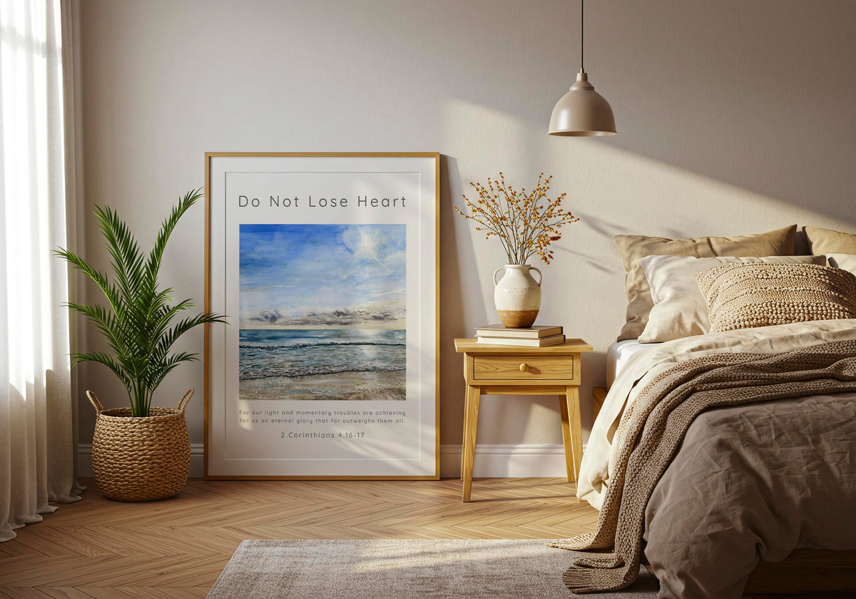 2 Corinthians 4:17 - Christian wall art print with watercolour Sandbanks beach and Do Not Lose Heart scripture.