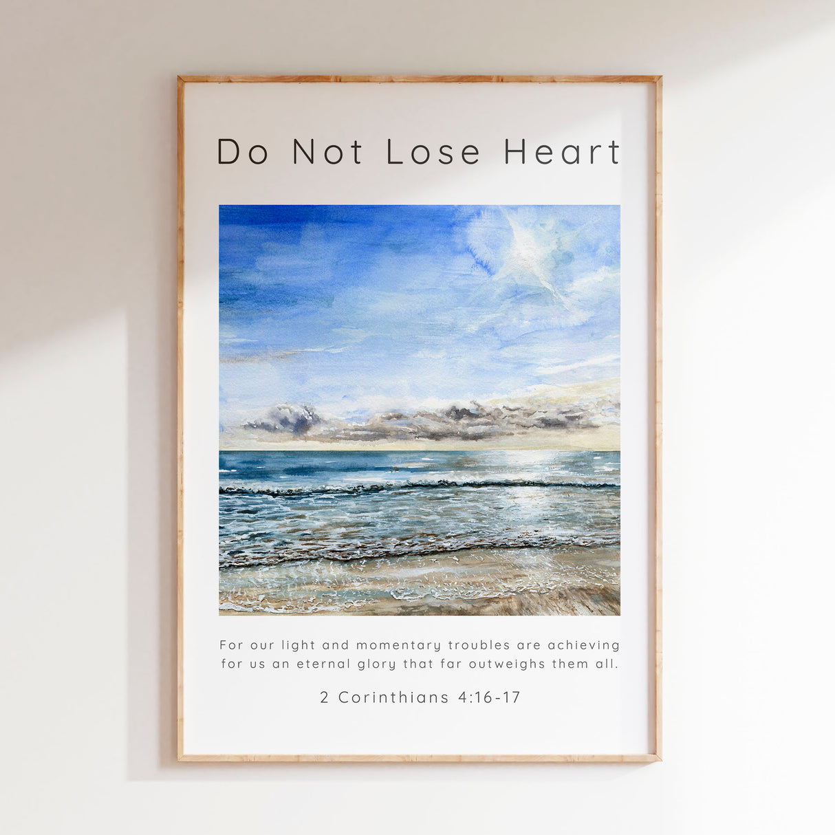 2 Corinthians 4:17 - Bible verse print featuring sunny Dorset beach scene and eternal glory scripture text.