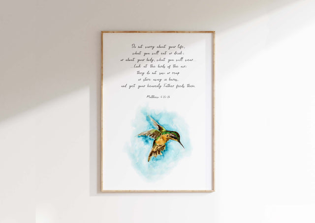 Matthew 6:25-26 - Christian wall art print with look at the birds scripture, turquoise watercolour bird illustration for faith filled home decor.