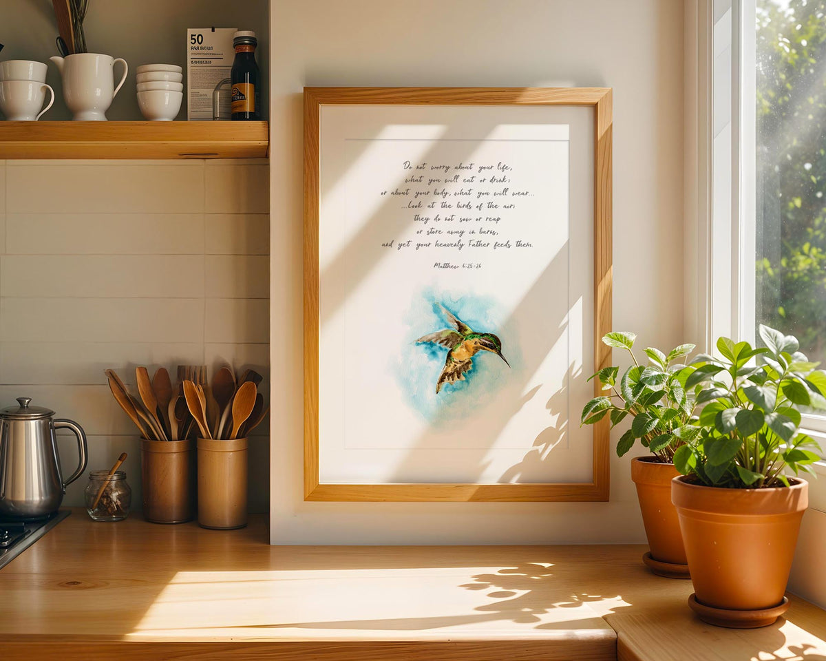 Matthew 6:25-26 - Christian Bible verse wall art featuring look at the birds scripture with serene watercolour bird and calming turquoise tones.