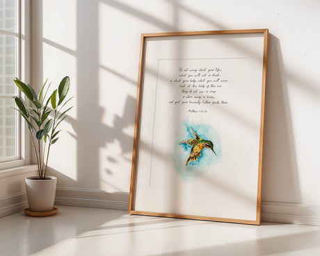 Matthew 6:25-26 - Look at the birds Bible verse print with peaceful watercolour bird design, Christian wall art for trusting God decor.