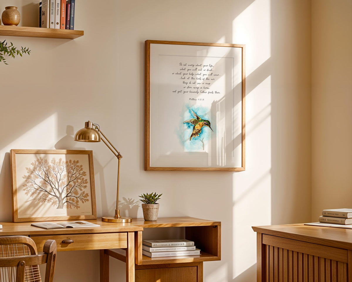 Matthew 6:25-26 - Look at the birds Christian wall art with watercolour bird illustration and turquoise background, Bible verse faith decor.