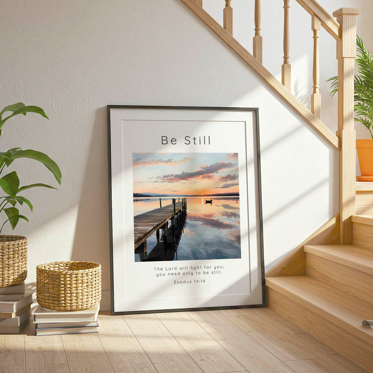 Exodus 14:14 - Faith wall art print with soft watercolour lake scene, wooden dock and gentle sunset glow.