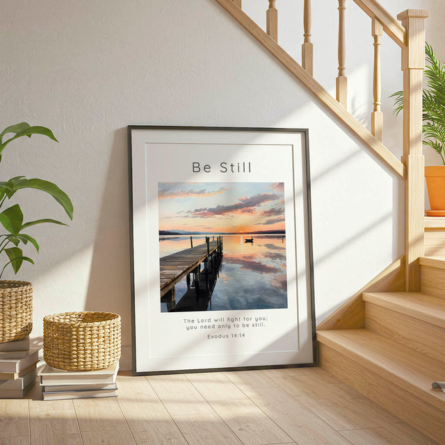 Exodus 14:14 - Faith wall art print with soft watercolour lake scene, wooden dock and gentle sunset glow.