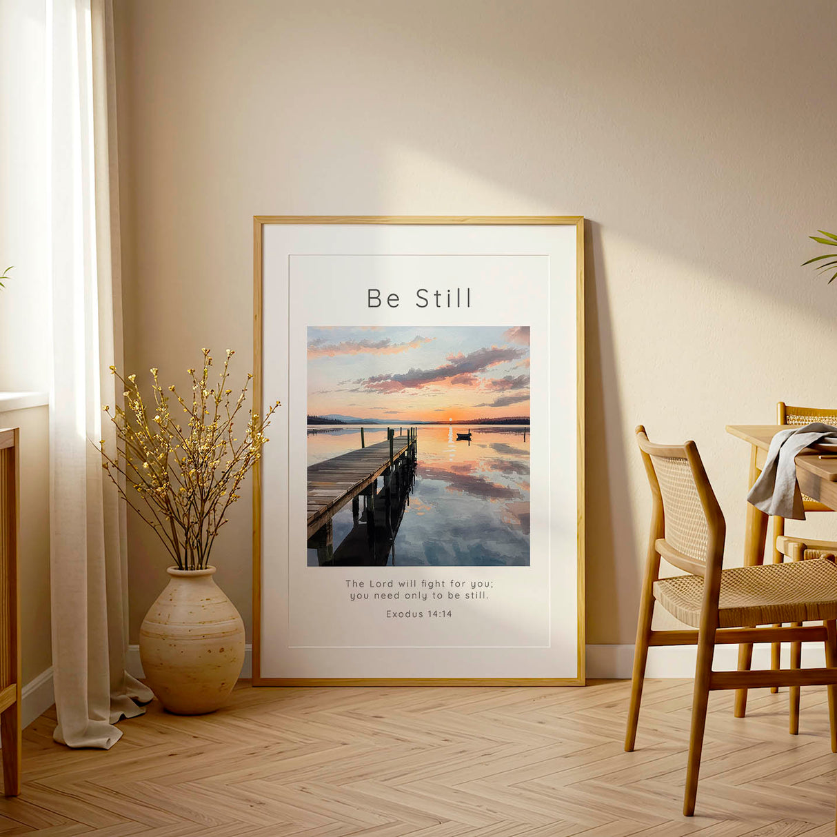 Exodus 14:14 - Bible verse picture featuring a tranquil dock stretching across still water at sunset.