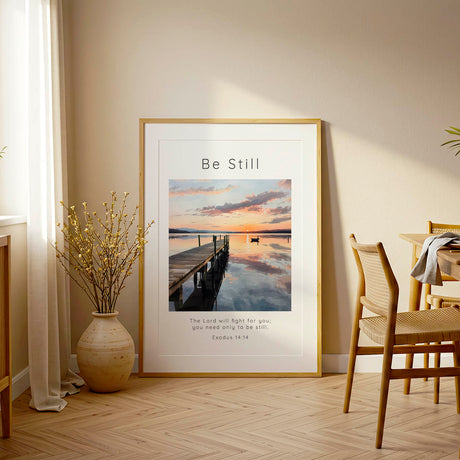 Exodus 14:14 - Bible verse picture featuring a tranquil dock stretching across still water at sunset.