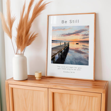 Exodus 14:14 - Christian wall art print featuring a peaceful sunset over still water and a quiet wooden dock.