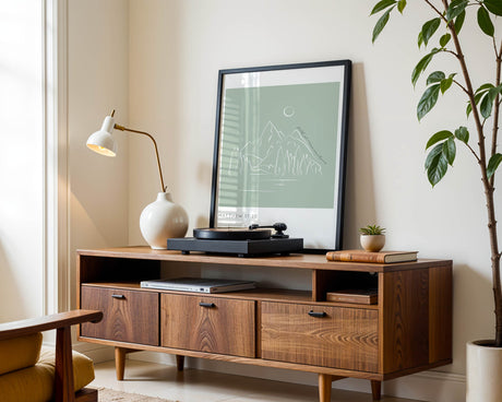 Matthew 17:20 - Faith can move mountains Christian wall art with white line art mountain and forest, green blue faith decor.