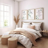 Matthew 17:20, Romans 12:12, 1 Corinthians 13:4–8 – Christian wall art print set of three with minimalist green botanical scripture designs.