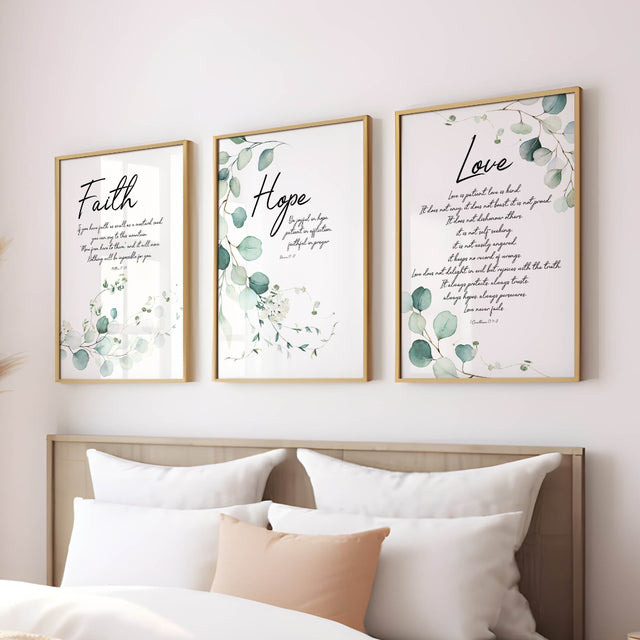 Matthew 17:20, Romans 12:12, 1 Corinthians 13:4–8 – Christian wall art print set of three with minimalist green botanical scripture designs.