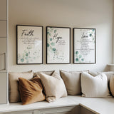 Matthew 17:20, Romans 12:12, 1 Corinthians 13:4–8 – Bible verse wall art set featuring faith hope love verses with botanical greenery.