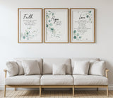 Matthew 17:20, Romans 12:12, 1 Corinthians 13:4–8 – Faith hope love Christian wall art print set with green botanical Bible verses.