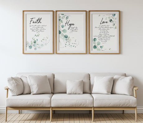 Matthew 17:20, Romans 12:12, 1 Corinthians 13:4–8 – Faith hope love Christian wall art print set with green botanical Bible verses.