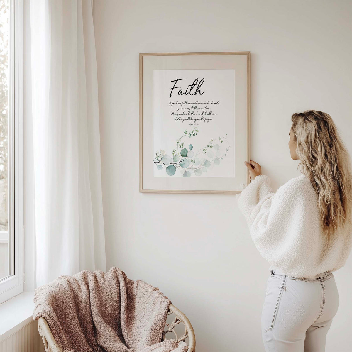Scripture wall art with Matthew 17:20 and minimalist botanical leaf design, created to bring faith and encouragement into the home.